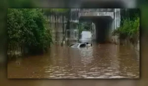 Khammam: कृषि अधिकारी की कार बाढ़ के पानी में डूबी