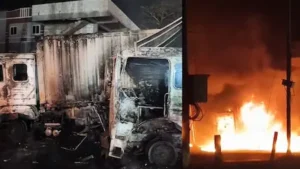 नेशनल हाईवे पर दो ट्रक की टक्कर, लगी आग
