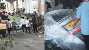 कंटेनर से गिरा 40 टन लोहे का प्लेट, कार हादसा